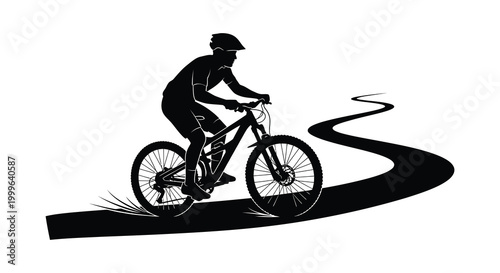 Mountain biker riding on trail dynamic action pose black and white silhouette high quality professional detailed modern elegant stylish clean crisp