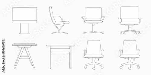 Office chair line art six design variations vector illustration