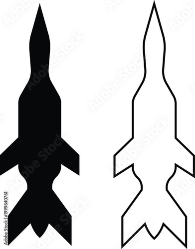 Rocket missile space launch vehicle icon set collection group in black flat and line style featuring rocket, missile, spacecraft, booster, launch synonym elements for aerospace, military and technolog
