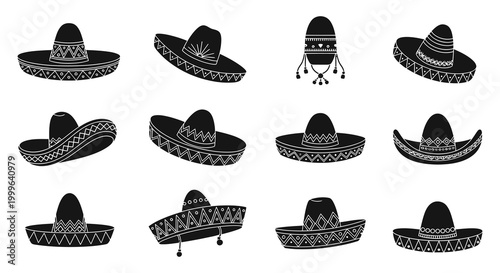 Collection of traditional mexican sombreros in black silhouette high quality professional detailed modern elegant stylish clean crisp vibrant colorful digital creative