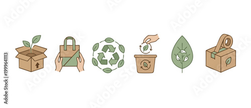 Sustainability eco friendly icons set cardboard box recycling paper bag nature conservation vector illustrations for environmental awareness projects carbon footprint reduction zero waste lifestyle de