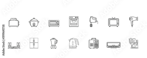 Kitchen and Home Appliance Icon Set Cooking, Cleaning, and Household Equipment Collection in Outline Style
