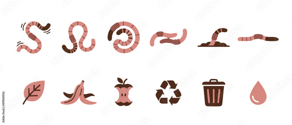 Naklejka premium Earthworm and Composting Icons Set, Organic Waste Recycling Symbols for Sustainable Living, Soil Health and Vermiculture Vector Illustrations, Environmentally Friendly Gardening and Waste Management E
