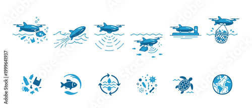 Ocean cleaning drone set for plastic waste collection and marine environment protection icons. Robotic technology for ecological conservation, water pollution removal, and sea life sustainability conc