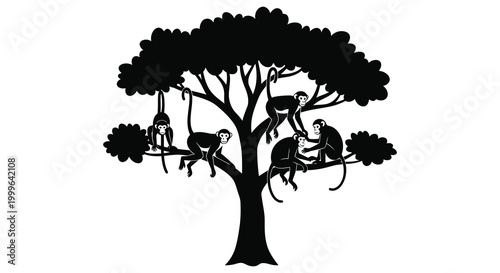 Tree with monkeys in branches black silhouette on a white background silhouette high quality professional detailed modern elegant stylish clean crisp