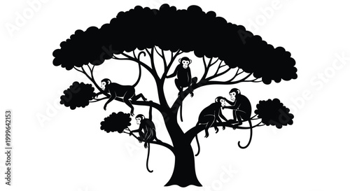 A group of monkeys resting in a tree black silhouette high quality professional detailed modern elegant stylish clean crisp vibrant colorful
