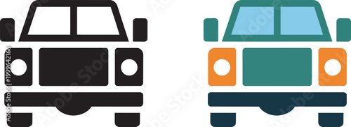 Monochrome and colorful pickup trucks icons set flat style for transport delivery apps with light truck