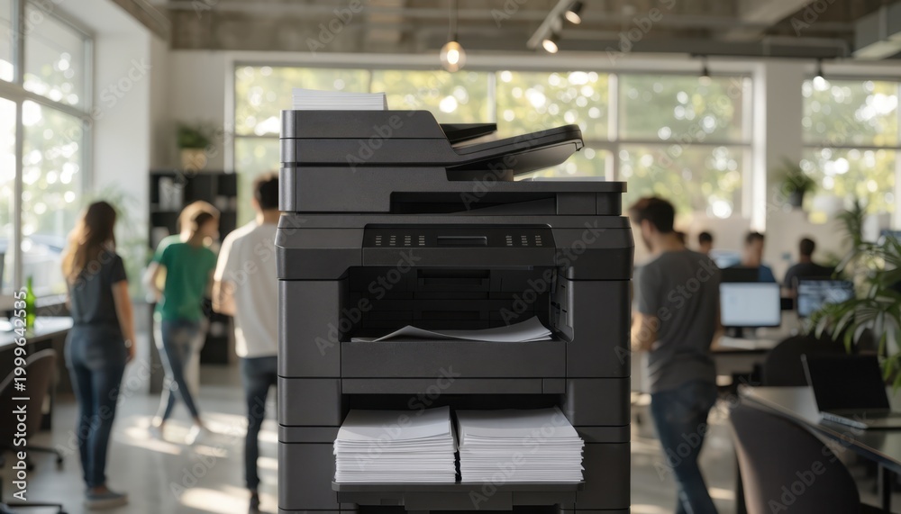 Fototapeta premium Medium shot highlighting a leased multifunction printer in a startup bullpen