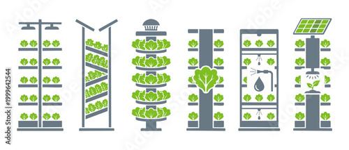 Vertical Farming Systems Icons Set for Hydroponic Agriculture Technology, Modern Indoor Plant Cultivation Infrastructure for Sustainable Food Production and Smart Automated Greenhouse Gardening Soluti