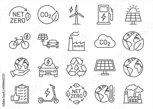 Net zero carbon emission and climate change line icon set CO2 sustainability renewable energy outline vector