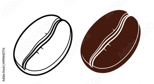 Coffee bean illustration line art and filled silhouette