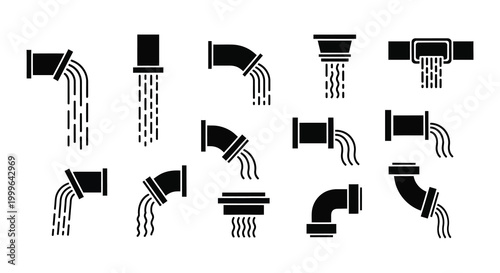 Collection of pipe bends and fittings with flowing water black silhouette high quality professional detailed modern elegant stylish clean crisp vibrant