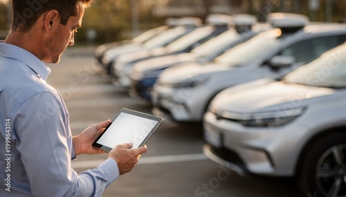 Softfocus edges highlight a fleet manager interacting with a tablet beside a lineup of autonomous vehicles emphasizing control in subscription leasing programs.