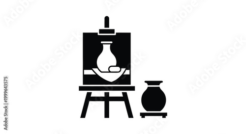 still life painting with vase and fruit on easel black silhouette high quality professional detailed modern elegant stylish clean crisp vibrant