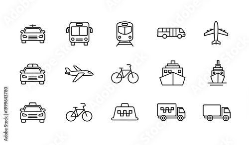 Vehicle and transportation line icon set vector with car bus train airplane and travel symbols