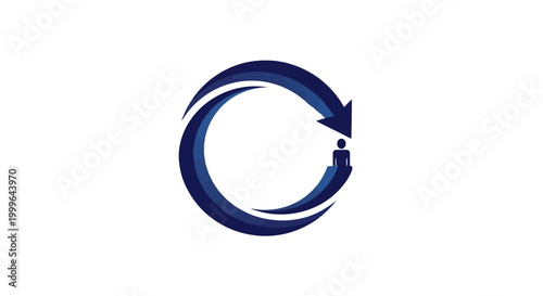 A blue circular arrow logo symbol.