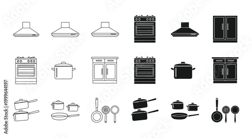 Collection of kitchen appliances and cookware silhouettes in black and white silhouette high quality professional detailed modern elegant stylish clean crisp