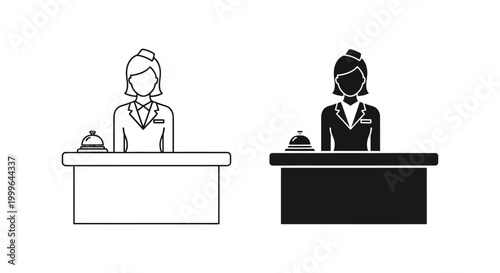 hotel receptionist with service bell and desk two variations black and white silhouette high quality professional detailed modern elegant stylish clean