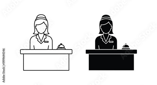 hotel receptionist icon with desk bell line art and solid black silhouette high quality professional detailed modern elegant stylish clean crisp