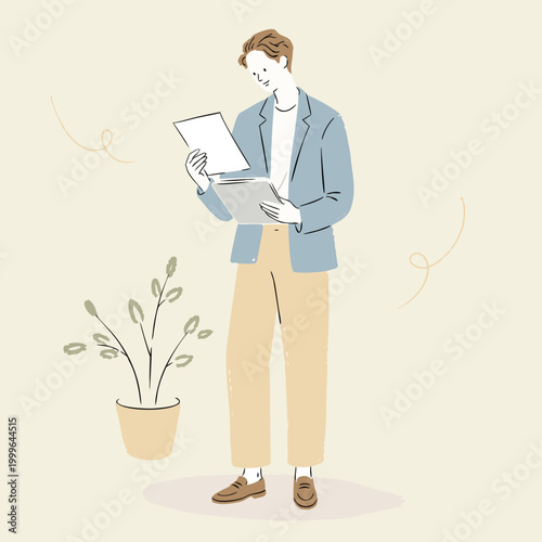 資料を確認しながら立つ男性のビジネスワークイラスト