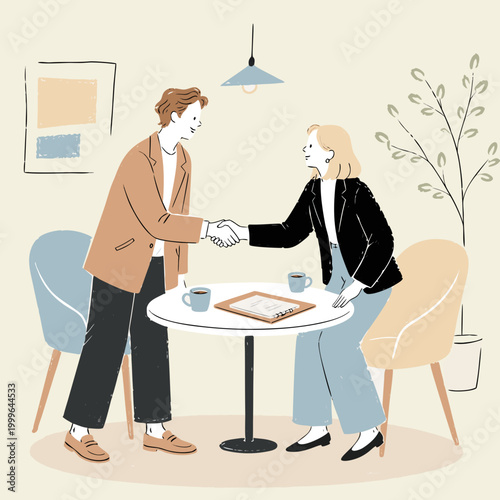 丸テーブルで握手する男女のビジネス商談イラスト