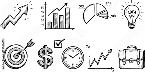 Business and innovation sketch icons growth ideas finance and time management concepts illustrated