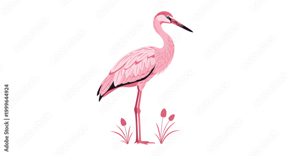 Fototapeta premium A graceful pink wading bird stands in profile with a sharp beak above delicate fuzzy plant stems on a clean, solid, bright white background.