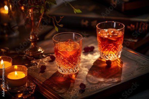 Two amber cocktails reflecting warm candlelight on a vintage tray in a cozy library