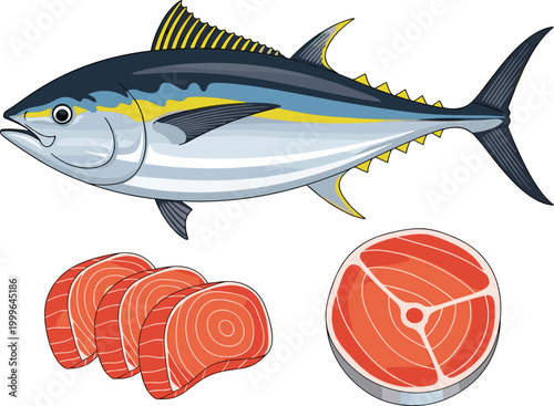Fresh Yellowfin Tuna Illustration with Raw Fillets and Steak Slices for Seafood Restaurant Menu Japanese Sushi Cuisine and Commercial Fishing Industry Marketing