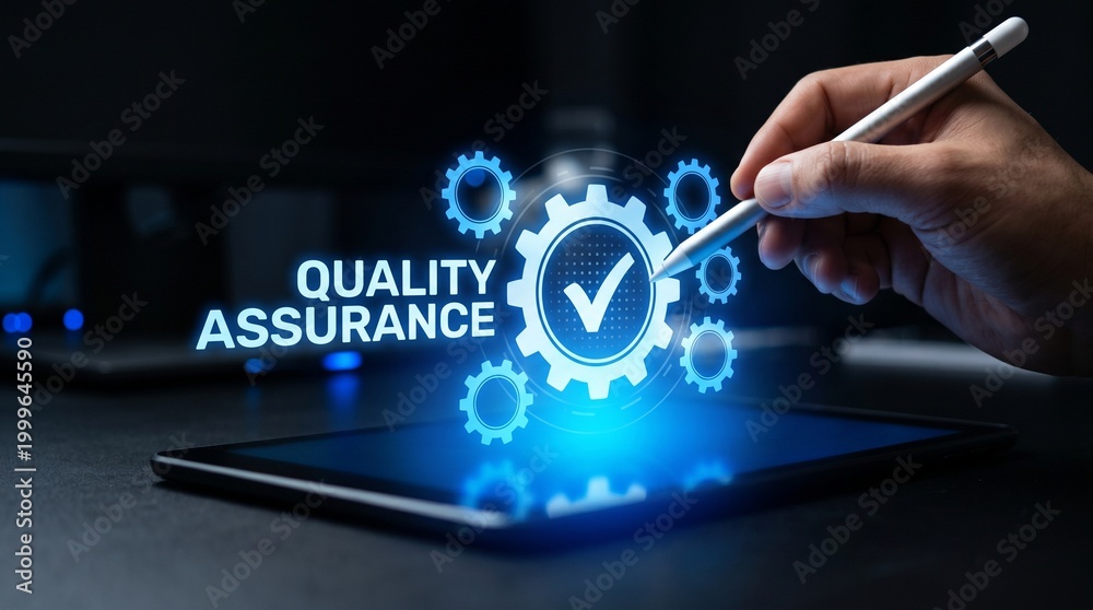 Fototapeta premium Quality assurance and standards compliance in business software. Auditor using digital tablet for certification process, quality control, guarantee, and ISO management systems.