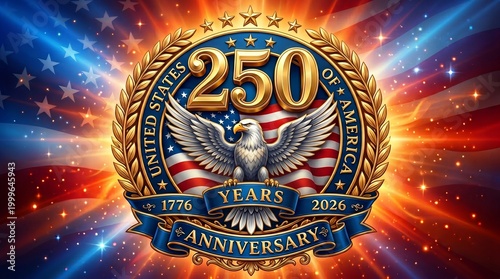 Vibrant 250th USA Anniversary Commemorative Emblem with Eagle and Flag. Patriotic Background with Rays and Sparkles for United States Independence Day 2026 Celebration.