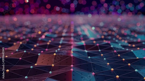 Network plexus of glowing nodes and geometric planes undulating in a continuous CG loop with deep neon bokeh lighting. Technology backgrounds, data visualization, cybersecurity, or AI infrastructure
