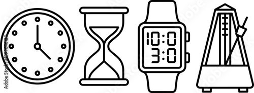 clock hourglass smart watch and metronome time measurement icons set isolated on transparent background