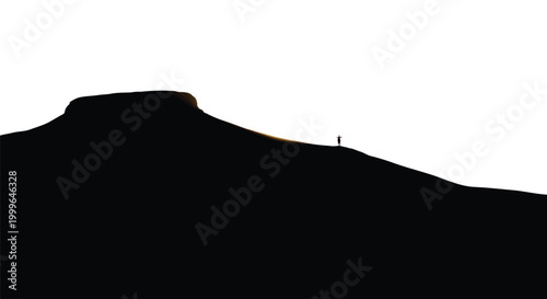 Silhouette of a lone person standing on a mountain peak at sunrise with a golden glow on a white background