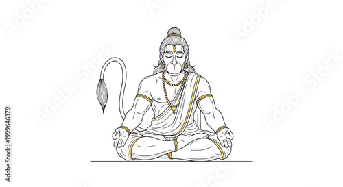 Line art illustration of the Hindu deity Hanuman in a meditative pose with gold accents on a white background