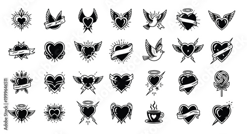 Black and white collection of traditional tattoo style hearts with wings, lightning, and banners love