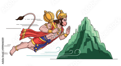 Hanuman flying with mace towards a green mountain with wind effects Hindu god Gada