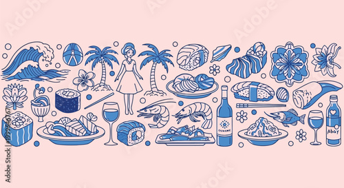 Japanese Food and Tropical Beach Elements Doodle Banner on Pink Background Keywords: sushi, sashimi, shrimp, fish, wine, palm trees, ocean wave, woman, flower, tropical, beach, food, drink