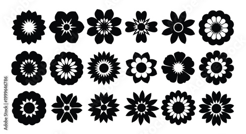 Set of 18 Black and White Flower Silhouettes on White Background Keywords: flower, silhouette, black, white, icon, symbol, design, graphic, element, floral, pattern, bloom, petal, nature