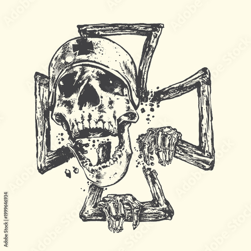 Skull wearing beret in iron cross with military illustration rebellious attitude