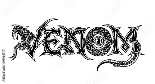 Fotografija Intricate Venom text logo with snake and eye motifs.