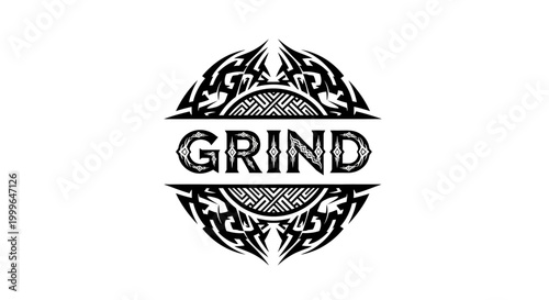 Grind word in tribal style emblem with intricate patterns.