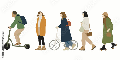 five people using various modes of transportation