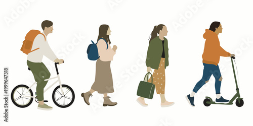 five people using different modes of transportation