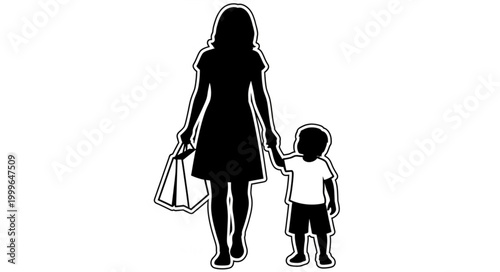 Silhouette of Mother and Child Walking Together with Shopping Bags.