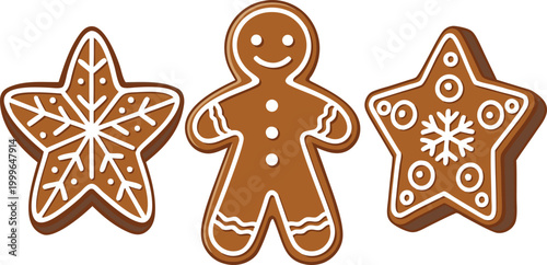 Three decorated gingerbread cookies in festive holiday shapes