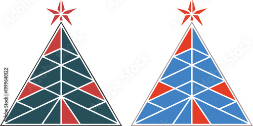 Geometric christmas tree with red and blue triangles and star topper