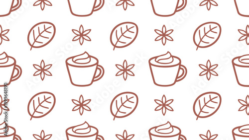 Seamless pattern with pink hot chocolate cups and snowflakes on cream background