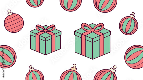 Seamless 3 d christmas pattern with glossy red green turquoise ornaments and ribbons