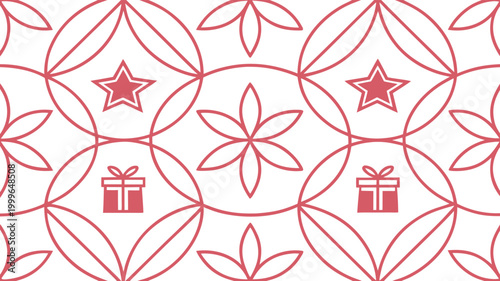 Red and white seamless geometric christmas pattern with snowflakes and stockings